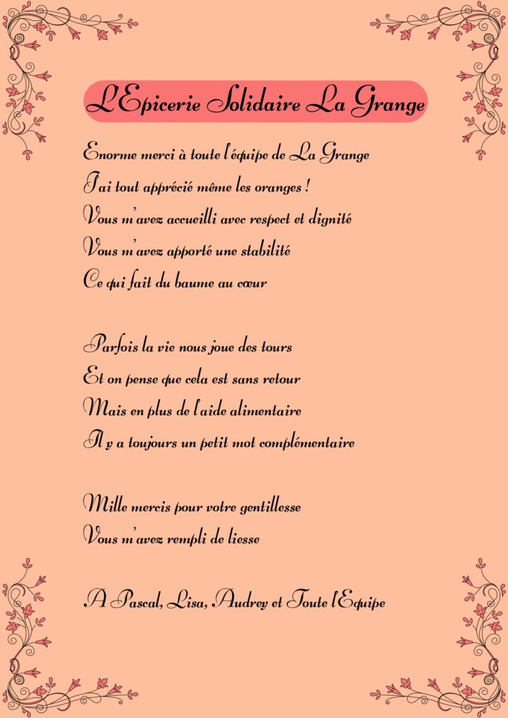 Poème d'une bénéficiaire de la Grange