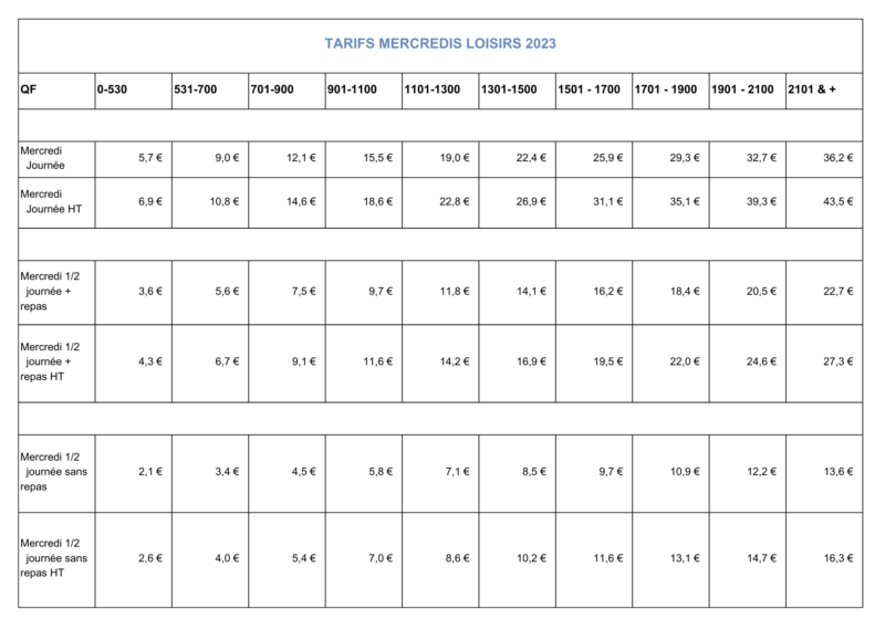 TARIFS MERCREDIS LOISIRS 2023